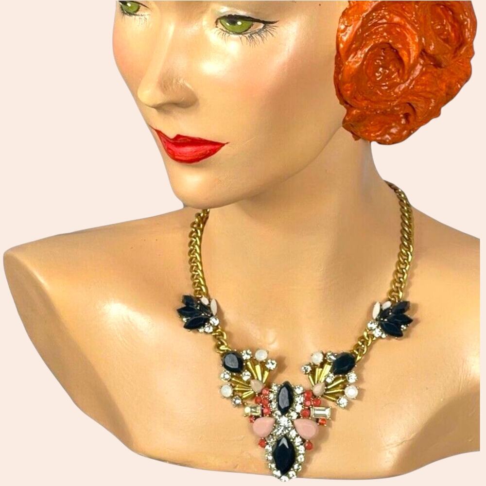 Vintage J Crew Necklace Statement Bib Black Pink Rhinestone Gold Tone Chain